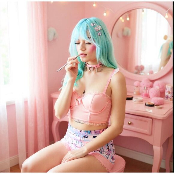 Sugar Thrillz ✦ Luv Me Tender Satin Ruffled Bra Top ✦ Pink Molded Cup Crop S & L - Picture 7 of 9